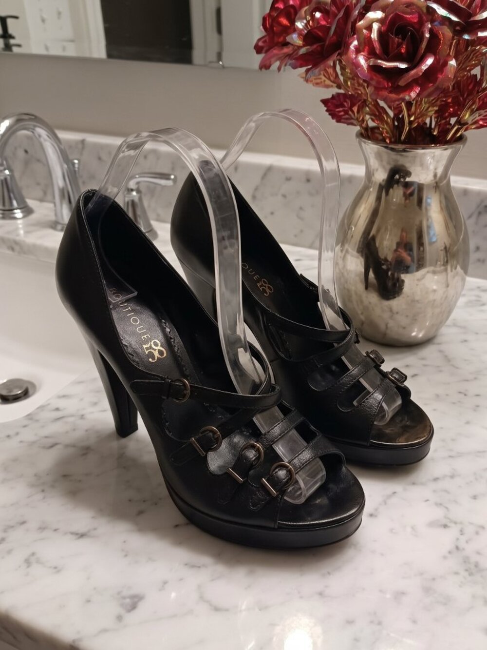 Boutique 58 Black Leather Platform Heels Multi Buckle Open Toe Goth Y2K Size 8.5